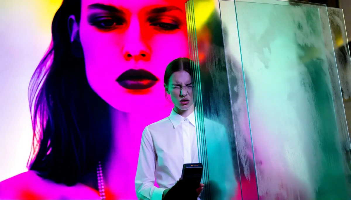 A model in a white shirt squinting at a light meter in front of a huge mural, with fogged plexiglass sheets leaning between them.