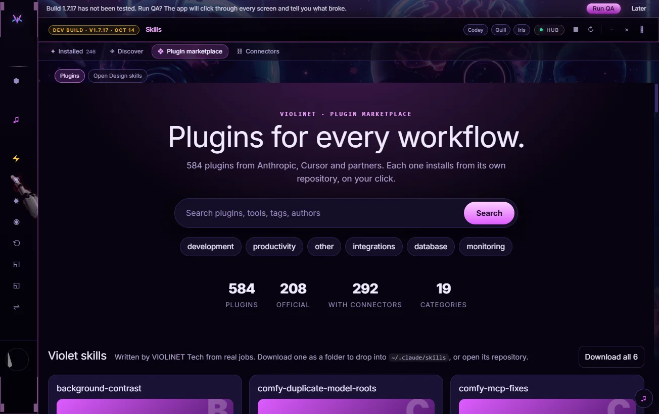 The VIOLINET Plugin Marketplace: a hero headline, a search box, category chips and counts of plugins, official plugins, plugins with connectors and categories.